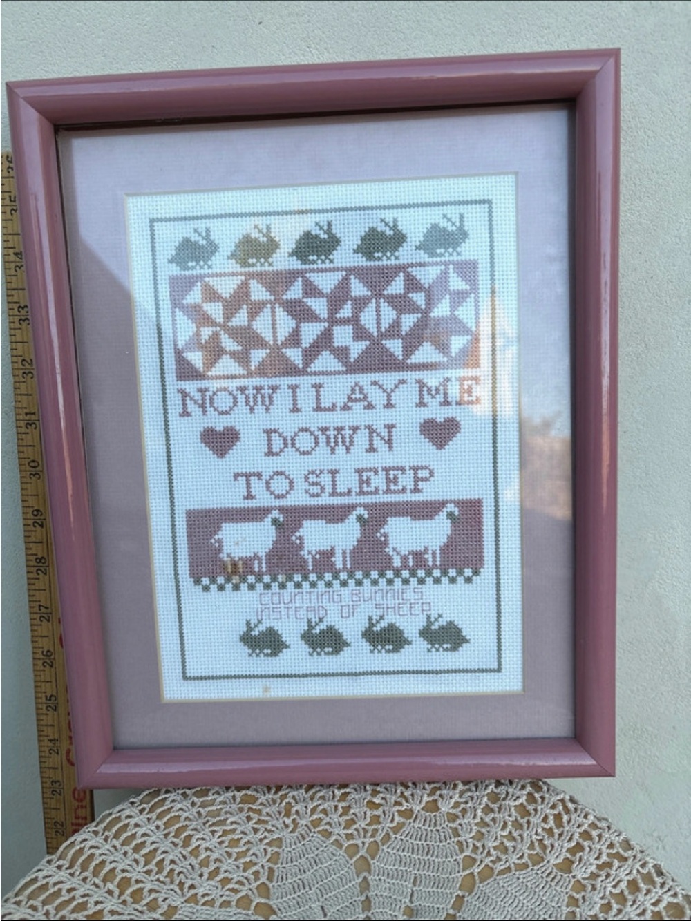 Vintage Framed Cross-Stitch Nursery Wall Art in Dusty Pink and Sage